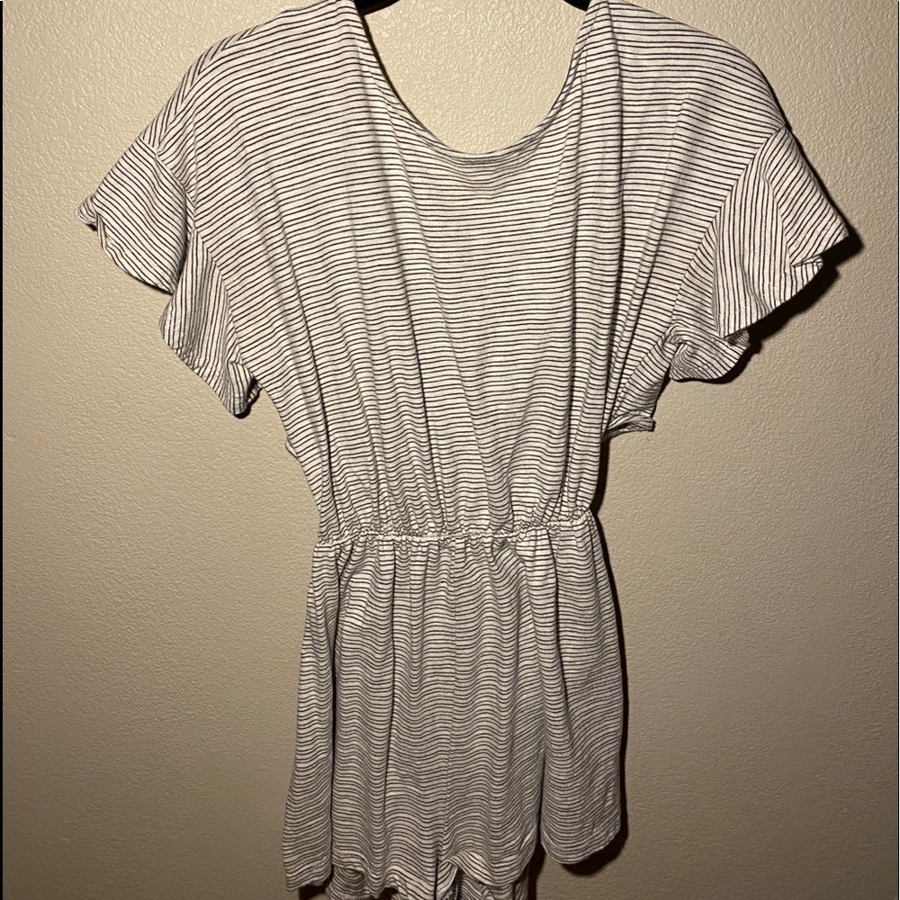 White and Gray Stripped Romper with Wrap and Tie